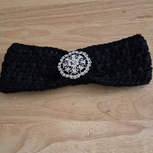 Black Crocheted Headband with Silver Brooch Accent